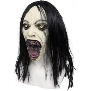 Bulex Horror Crying Woman Mask with Wigs Scary Evil Ghost Devil Creepy Demon Full Head Latxe Mask Horror Halloween Masquerade Party Cosplay Props