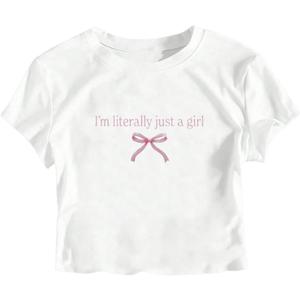 Girl's Letter Bow Graphic Tees Short Sleeve Crewneck Cute Shirts for Teen Girls Trendy (White)