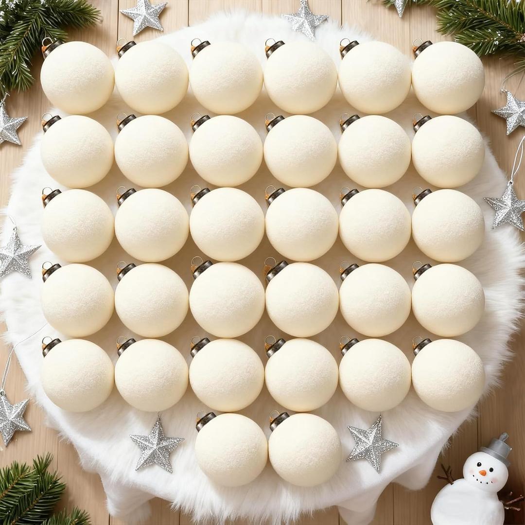 32 Pcs Velvet Christmas Tree Ornaments Balls with Velvet Ribbon Christmas Tree Hanging Decorations Neutral Flocked Balls Bulk for Xmas Home Indoor (White)