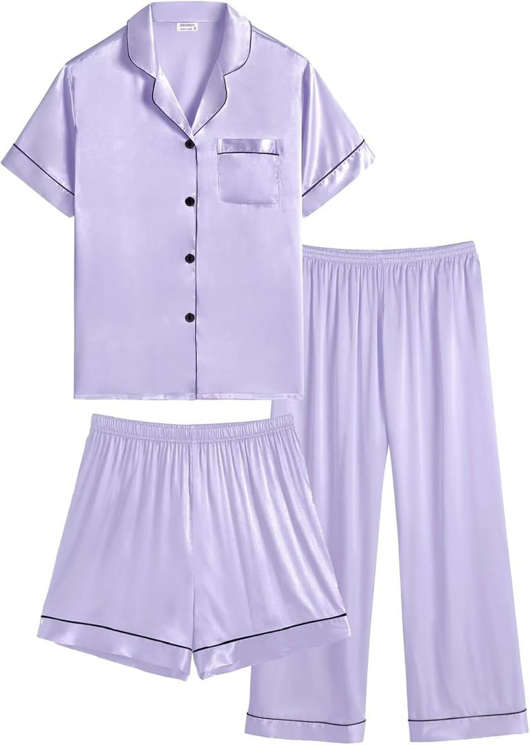 SWOMOG Kids Silk Pajamas 3 Piece Girls Boys Satin Pajamas Set Button-Down PJs Set Soft Loungewear Short Sleeve Sleepwear (14-15 Years, Lavender)