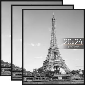 upsimples 20x24 Picture Frame Black 3 Pack, Scratch-Proof Poster Frames 20 x 24 for Photo Gallery - Slide-In Strips, Horizontal or Vertical Wall Mounting