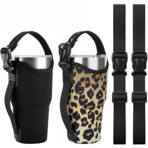 Beautyflier 2 Pack 30 OZ Neoprene 3 IN 1 Tumbler Carrier Holder Pouch with Adjustable Shoulder Sling for Stainless Steel Insulate Insulated Coffee Mugs (Leopard + Black)