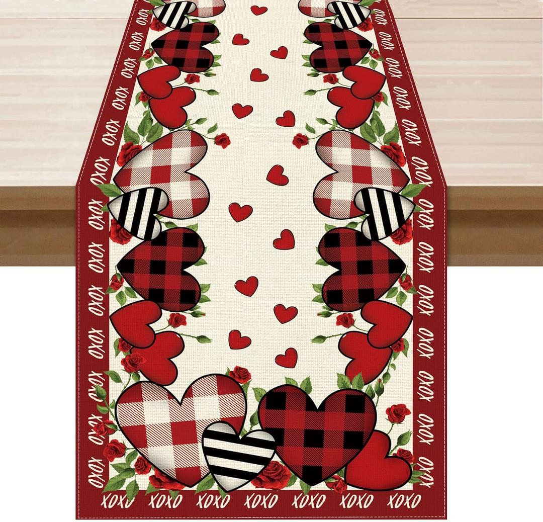XCHI Buffalo Plaid Love Hearts Roses Flowers Valentine's Day Table Runner Table Decoration for Party Home Kitchen Dining Holiday Decor 13x120 Inch