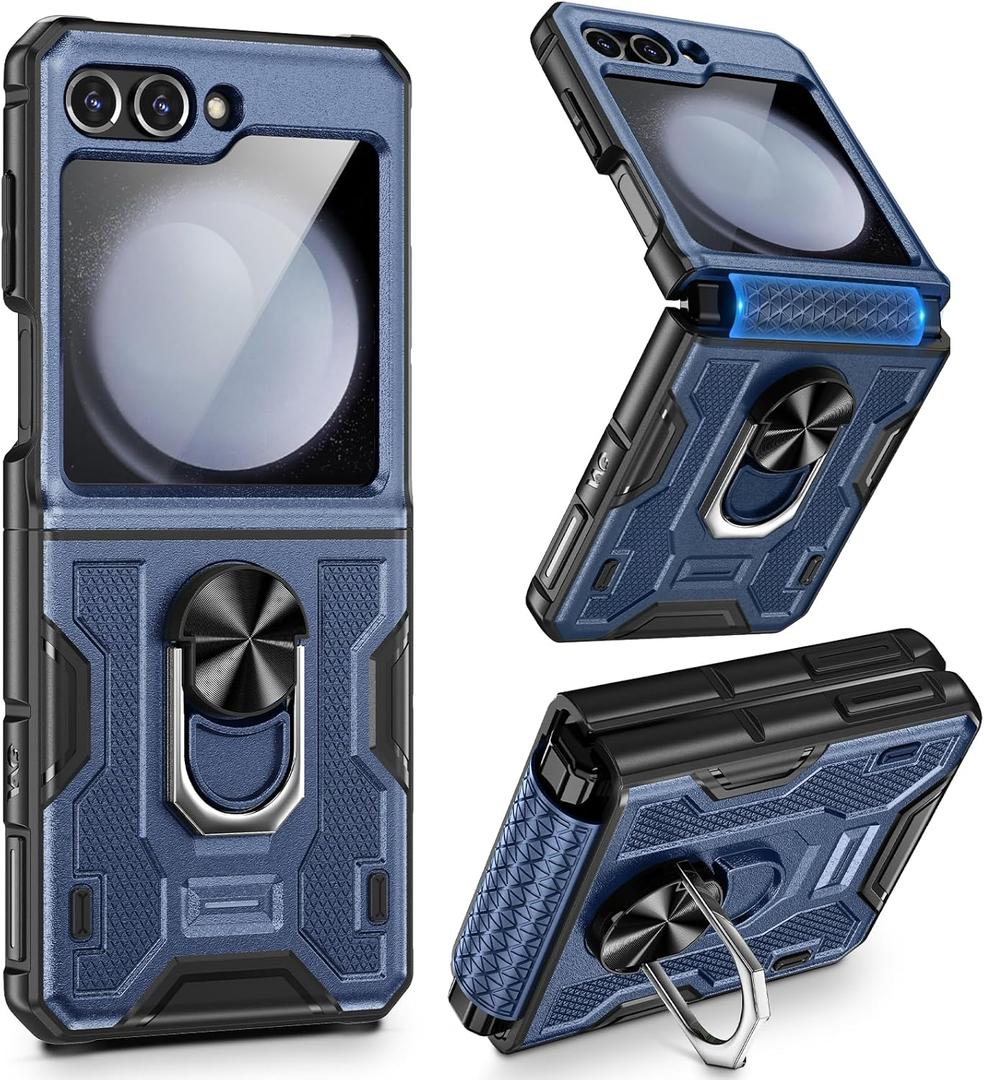 VEGO for Galaxy Z Flip 5 Case, Samsung Z Flip 5 case with Screen Protector & Hinge Protection, 360 Ring Kickstand, Full Body Protective Cover Case for Samsung Flip 5 2023 - Navy Blue
