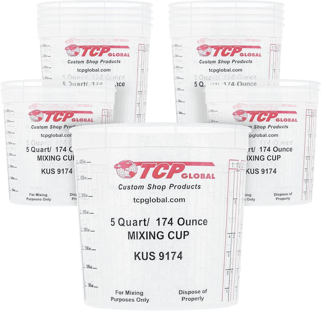 Custom Shop Paint Mixing Cups, 5-Quart (12 Pack) - Plastic Measuring Cups for Liquids, Automotive Painting, Epoxy Resin, Acrylic Arts, Crafts, Disposable or Reusable, Graduated, Mixing Ratios, 12 Count