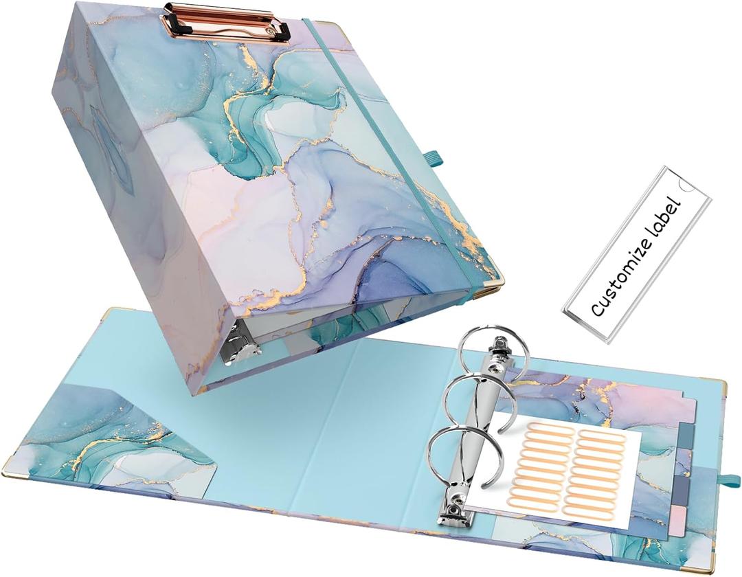 EYROZILL Mini Binder with Clipboard, 3 Ring 2 Inch,for 5.5" x 8.5" Paper.A5 Binders with 5-Tab Dividers for School Office Supplies and Home, Green Marble