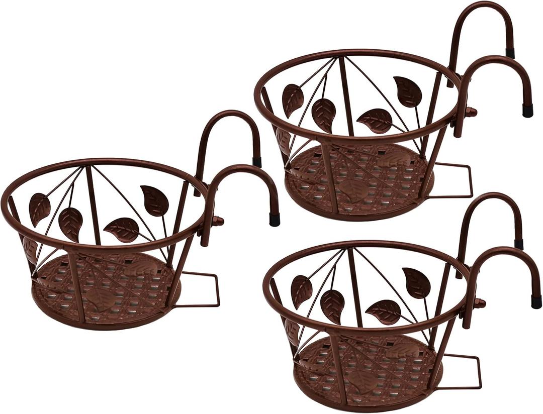 Iron Art Metal Railing Flower Pot Hanging Basket for Indoor Pot Holder Hanger 3 Pack Outdoor Plants Perfect for Porches and Patio Decor Leaf Pattern (Champagne)