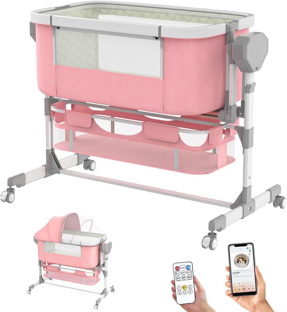 Pionevox Rocking Bassinet for Baby, Electric Bassinet Automatic 5 Rocking Motion Bassinet Bedside Sleeper for Newborn, Auto Rolling Baby Cradle 6 Height Adjustable with 4 Lullabies, Wheels, Storage