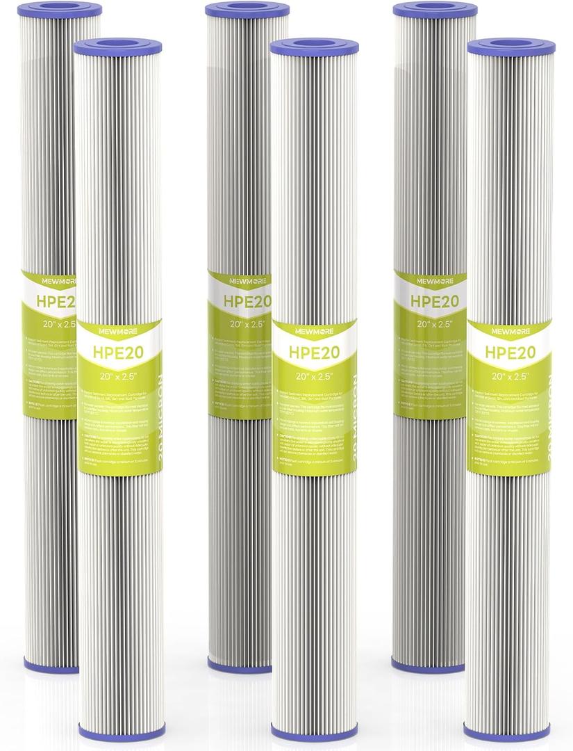 20 Micron Whole House Water Filter Cartridge, Pleated Sediment Filters for Well Water, Universal Replacement for Any 20 inch Silm Housings - 20" x 2.5" Cartridges - Pack of 6