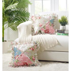 Brilliant Sunshine Peach and Olive Flowers Patchwork Ruffle Pillowshams, Quilted Decorative Pillow Covers Set, Square Throw Cushion Cases for Couch, Chair, Car, Bed, 18x18, Pack of 2, Peach Olive