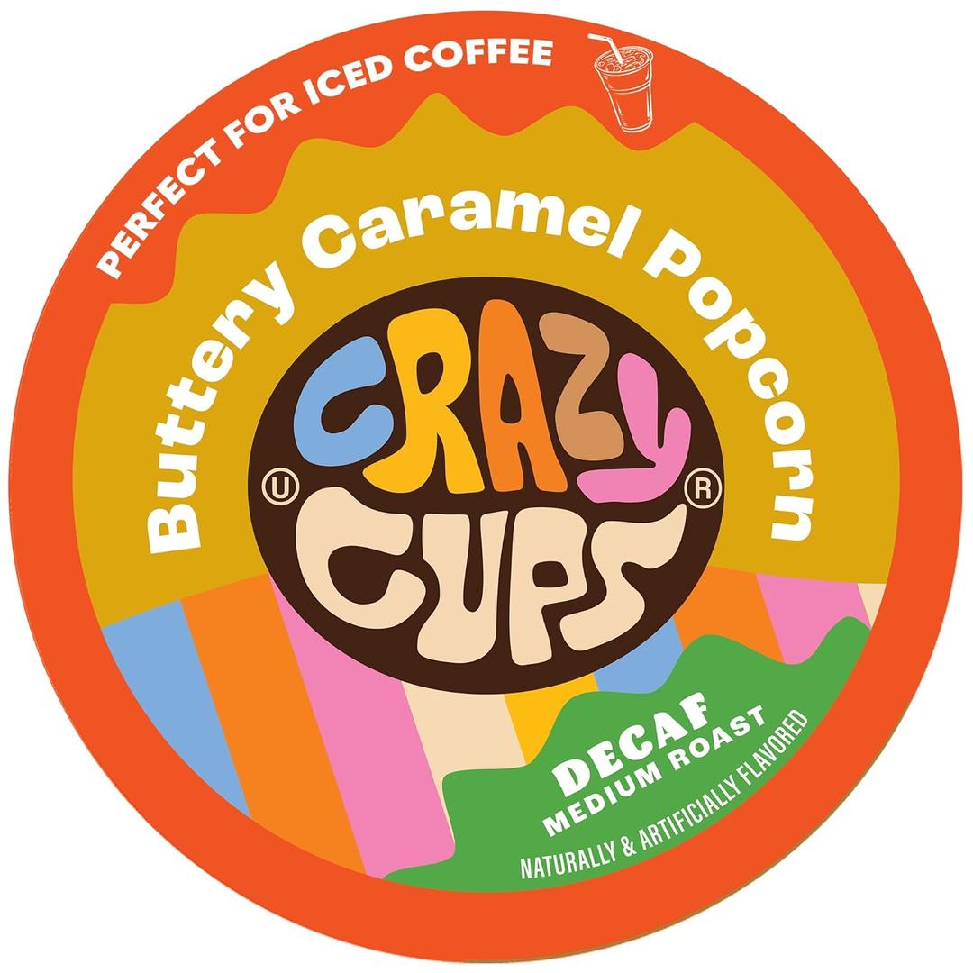 Crazy Cups Flavored Decaf Coffee Pods, Decaffeinated Buttery Caramel Popcorn Coffee Pods for K Cup Keurig Machines, Brew Hot or Iced 22 Count