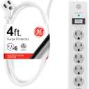 GE Surge Protector Power Strip, 4 Ft Extension Cord, 6 Outlet Extender, 800 Joules, Flat Plug, Twist-to-Close Safety Covers, ETL Listed, White, 33658