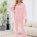 Womens 2 Piece Lounge Sets Long Sleeve Ribbed Knit Casual Top Wide Leg Pants Matching Set Spring Fall Outfits (Pink, L)