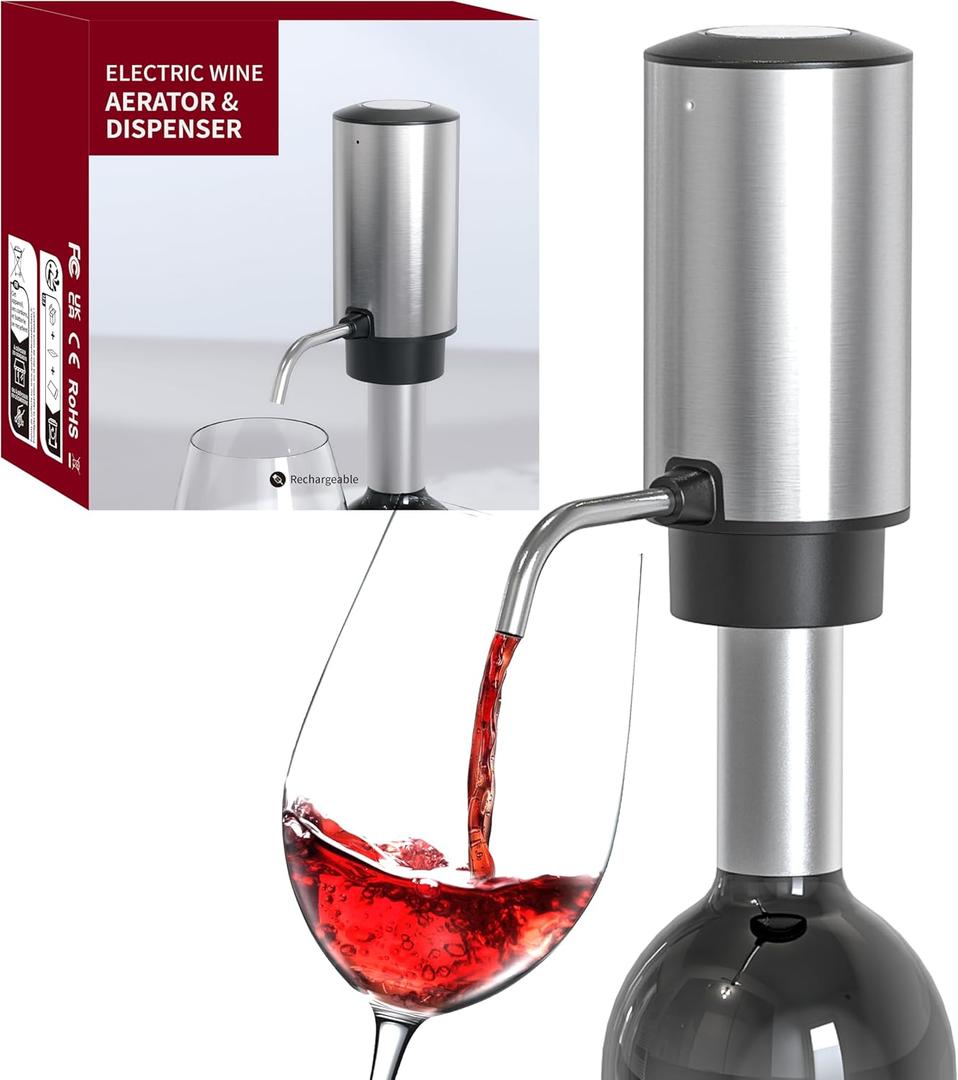 Electric Wine Aerator Pourer One Touch Wine Accessories Rechargeable 2-in-1 Automatic Wine Decanter Stainless Steel Wine Dispenser Gifts for Wine Lovers