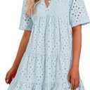BTFBM Womens Boho Summer Dresses 2026 Spring V Neck Short Sleeve Hollow Out Lace Ruffle Casual Beach Mini Vacation Dress (M)