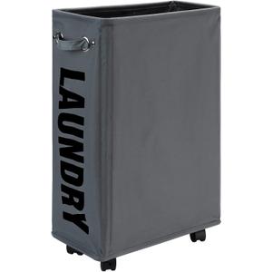 DOKEHOM 25-Inches Slim Laundry Basket on Wheels, Collapsible Rolling Laundry Hamper, Foldable Narrow Corner Clothes Storage Bins (Dark Grey)
