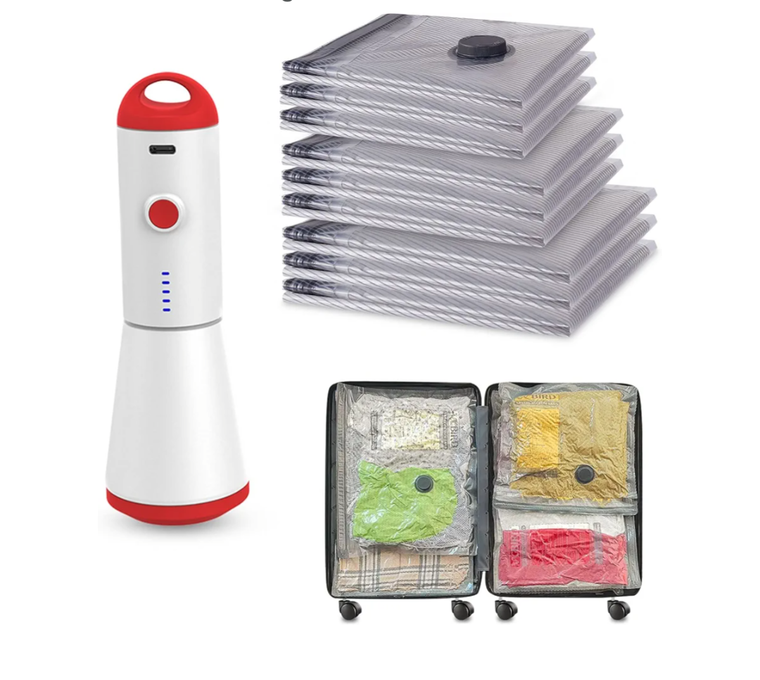 Vacbird Vacuum Bags for Travel with Rechargeable air Pump, Carryon Size Compression Packing Bags for Luggage and Suitcase, Space Saver for Clothes and Clothing 9 Combo Travel Size