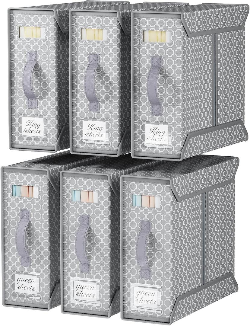 Yecaye 6 Pack Bed Sheet Organizers and Storage (King & Queen Size), Foldable Sheet Set Organizer With Clear Window and Label, Bedding Storage Box Container for Blanket, Duvet Cover, Bed Sheet (Printed Grey)