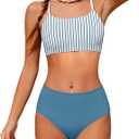 Girls Swimsuit High Waisted Contrast Striped 3 Piece Bathing Suit Bikini with Cover Up 9-16 Years (Blue Stripes)