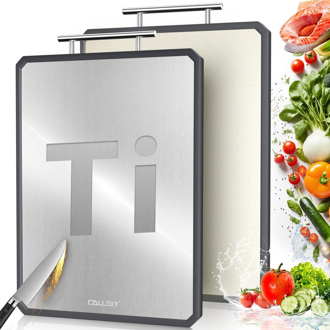 Titanium Cutting Boards for Kitchen, 2 in 1 Non Toxic Cutting Board, Food-Grade Double Sided Pure Titanium & Wheat Straw PP Chopping Board for Meat/Vegetables, Dishwasher Safe Large 16.311-1 PC