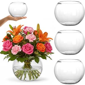 YOUEON 4 Pcs Small Glass Bubble Bowl Vases 6" W x 4.5" H, Round Floating Candle Holders, Glass Terrarium Bowls, Globe Flower Vase Centerpiece for Wedding Event Home Decor