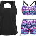 Yonique 3 Piece Womens Tankini Swimsuits with Shorts Athletic Bathing Suits Tank Tops with Bra and Boyshorts, L