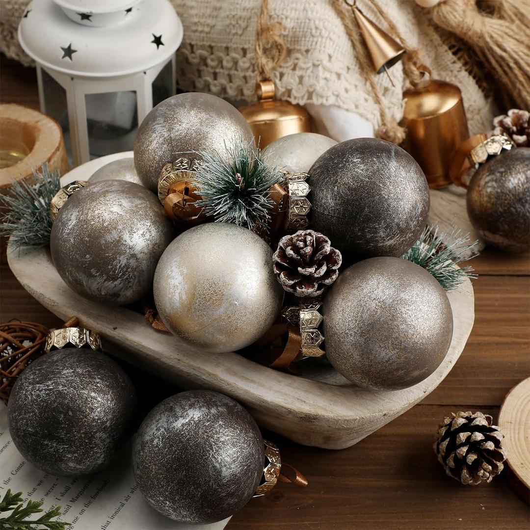 2 x 12 Pcs Neutral Textured Christmas Ball Ornaments 2.4 Inch Vintage Metallic Brown Gold Silver Xmas Tree Ornament Shatterproof Rustic Distressed Xmas Baubles Antique Farmhouse Christmas Decor