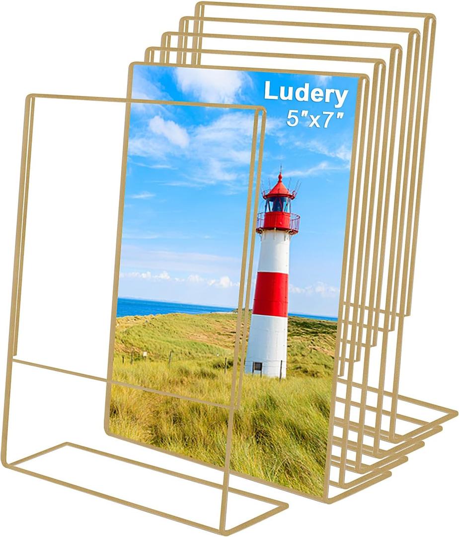 5x7 Gold Picture Frames, Clear Frameless Picture Frames, 6 Pack Acrylic Self Standing Photo Frames for Wedding Table Numbers, Restaurant Signs, Photos and Art Display