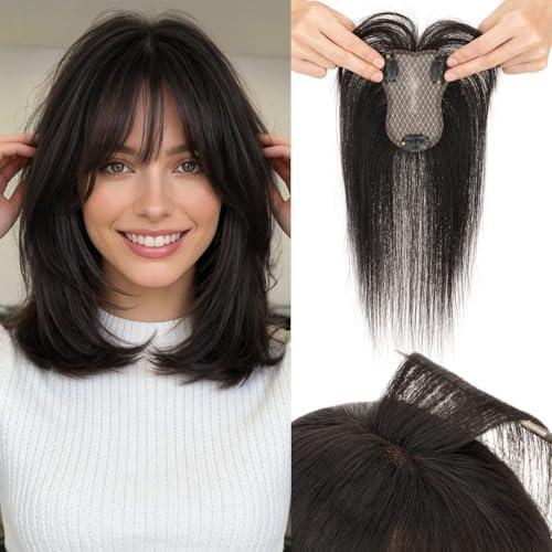 Hairro Human Hair Toppers with Wispy Bangs, Clip in 360° 3D Coverage with 3.15"x4.33" Lace Base, Seamless Lightweight Real Hairpieces for Thinning Hair, 10 Inch #1B Natural Black
