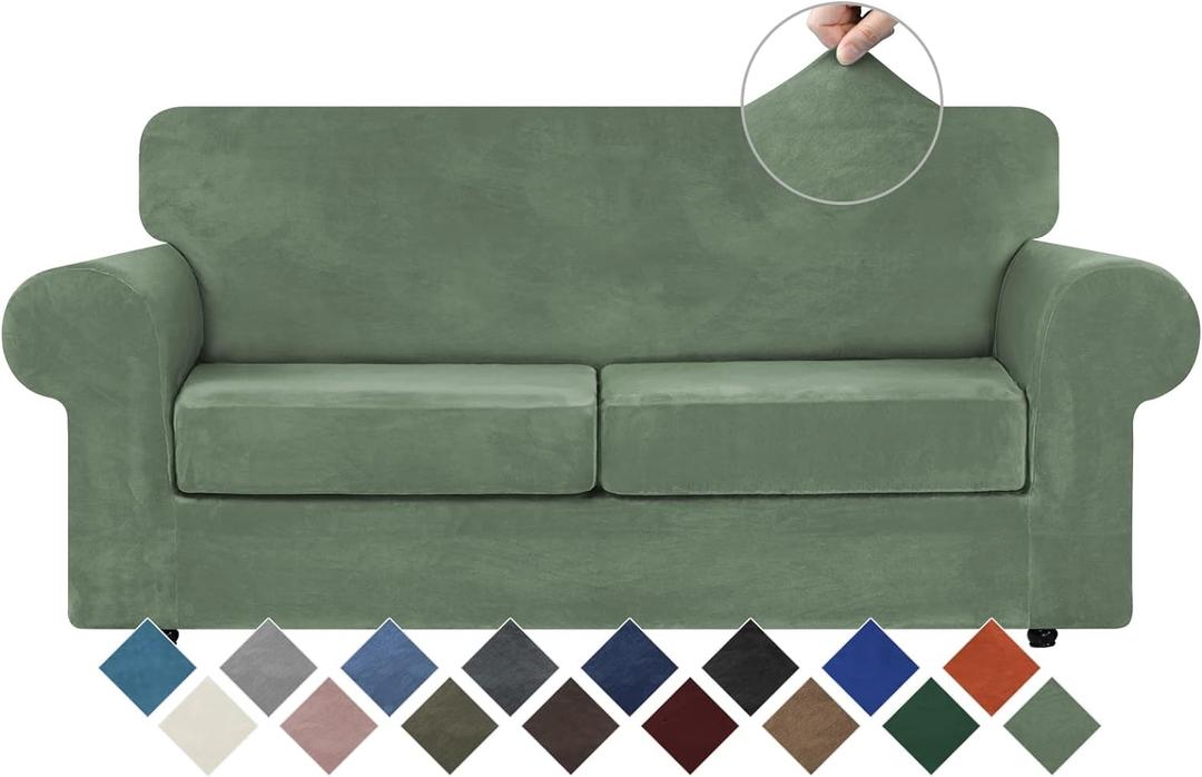 WEERRW Velvet Couch Covers for 2 Cushion Couch Sofa - High Stretch Velvet Plush 3 Pieces Sofa Slipcovers with Elastic Bottom, Furniture Protector for Pets, Machine Washable, Greyish Green, Medium