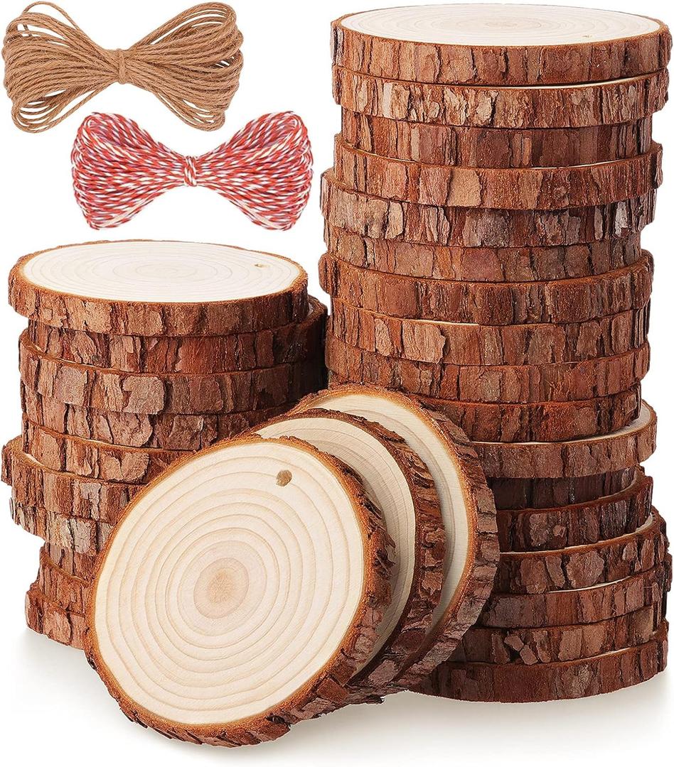 Fuyit Natural Wood Slices, 30 Pcs 3.1-3.5 Inch Unfinished Predrilled Wooden Circles Tree Slice with Hole for DIY Arts Craft Christmas Ornaments