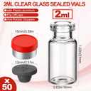 200 Pack 2ml Glass Vials Clear Glass Empty Vials for Injection with Plastic-aluminum Flip Caps and Rubber Injection Stoppers Flat Bottom Lab Vial (Red Lid)