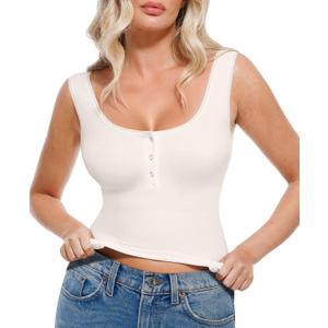 Popilush Tank Tops for Women Sleeveless Square Neck Cute Cami Shirts (White, XS)