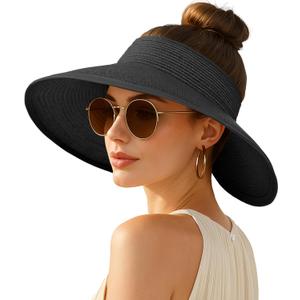 Women's Sun Visor Hats Wide Brim Straw Beach Hat Ponytail Hats for Women Foldable Floppy (Black)