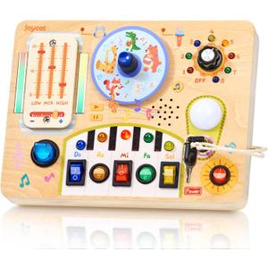 JoyCat Busy Board with Led Light, Toddler Toys for 1 2 3 4 Year Old Boys and Girls, Wooden Sensory Toys with Music, Travel Toy for Toddlers 1-3, Birthday Presents (Yellow)