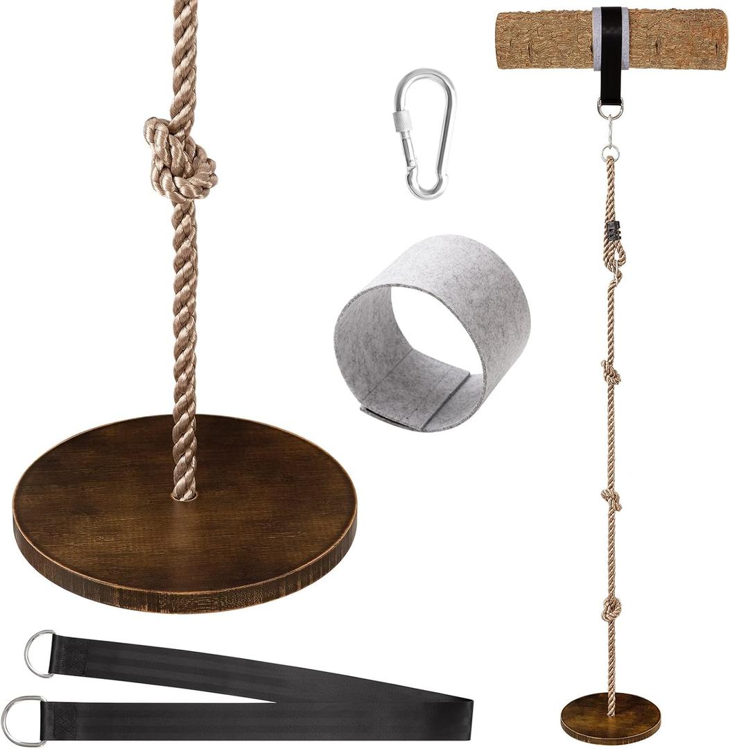 Yangbaga Wooden Round Disc Rope Swing 51-73 Adjustable Climbing Rope Tree Swing with Hanging Strap Snap Hook and Felt Protectors for Kids Outdoor Brown