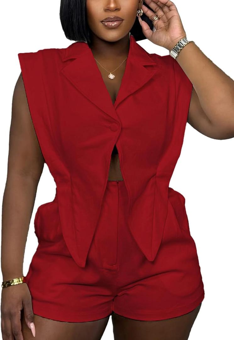 Famnbro Womens Summer Rompers Dressy V Neck Lapel Sleeveless Blazers Business Work Short Jumpsuits 2025 (XX-Large, Red)