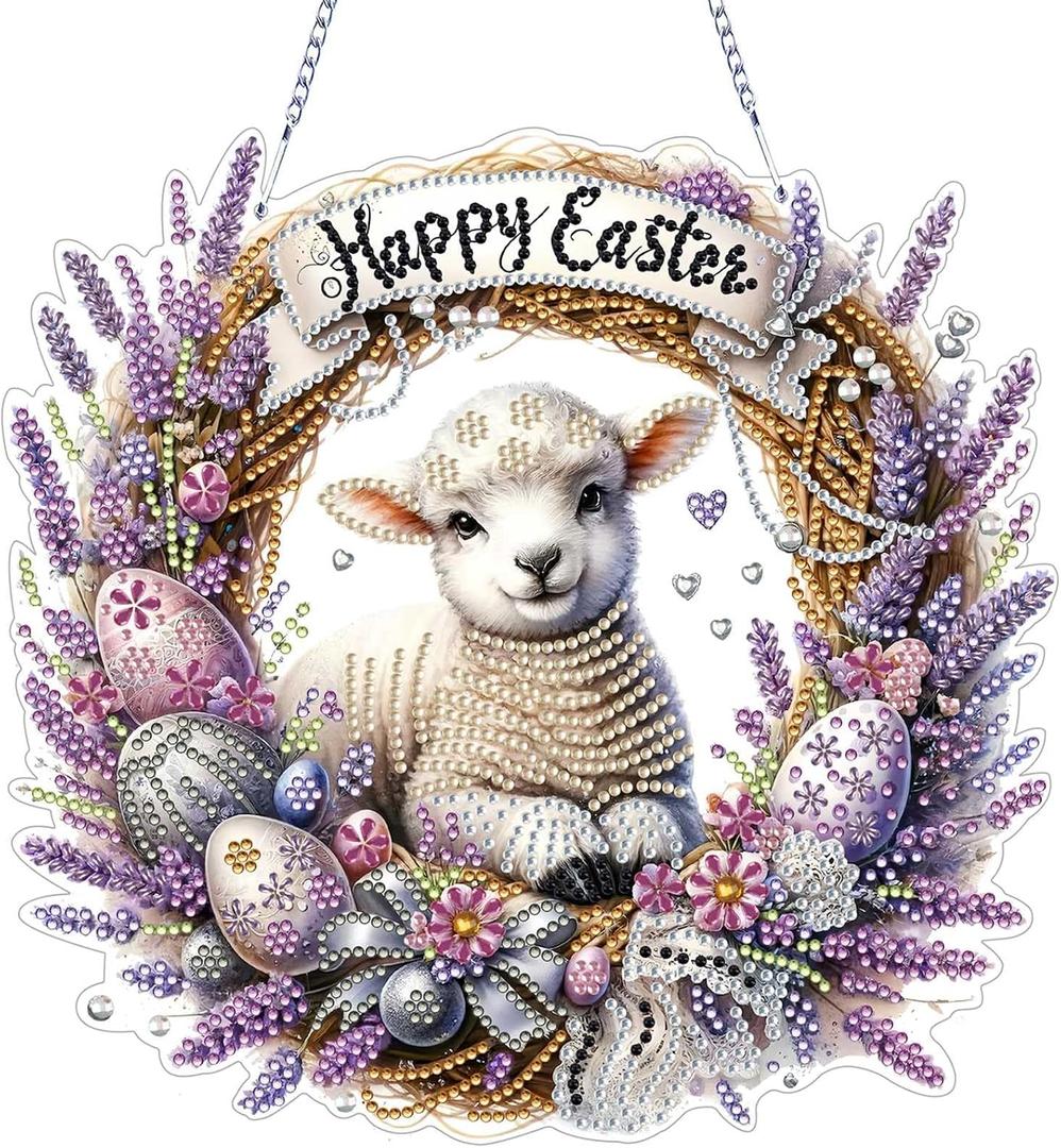 VODAPYC Easter Diamond Art Hanging Kits for Adults, DIY Double Sided Partial Special Shaped Diamond Painting Window Pendant Ornament(Happy Easter Sheep)