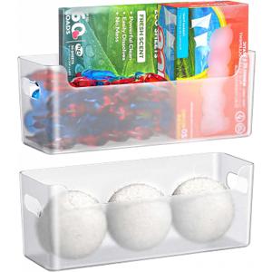 Laundry Room Organization 2 Pcs, Adhesive Laundry Pods Container, Laundry/Dryer Sheet Holder, Dryer Ball Holder, Lost Socks Basket for Laundry Room Cabinet, Washer/Dryer (Transparent)