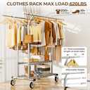 Heavy Duty Clothes Rack, Rolling Clothing Rack With Shelves Load 620 LBS, Double Rod Clothing Racks for Hanging Clothes, Portable& Adjustable Clothes Rack with Wheels Garment Rack (Sliver)