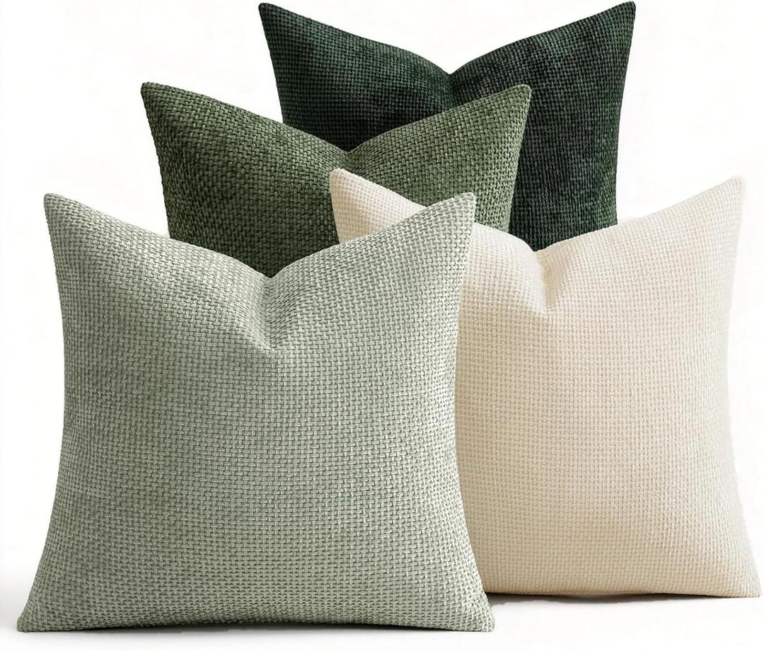 ZONYO Throw Pillow Covers 18x18 Set of 4, Sage Green Soft Plush Chenille Decorative Cushion Covers for Couch Sofa Bed, Fade Resistant Washable,Boho Farmhouse Living Room, Bedroom, Outdoor Decor