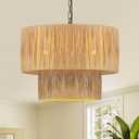 6-Light Boho Rattan Chandelier Light Fixture, 18.9" Large Raffia Drum Chandelier Hand Woven Coastal Pendant Light for Dining Room Kitchen Entryway Foyer Bedroom