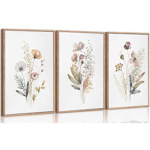 3Pcs Watercolor Wildflower Canvas Wall Art Modern Minimalist Colorful Botanical Floral Painting Picture Wall Decor Flower Posters Print Artwork for Living Room Bedroom Woman's room Decoration Unframed
