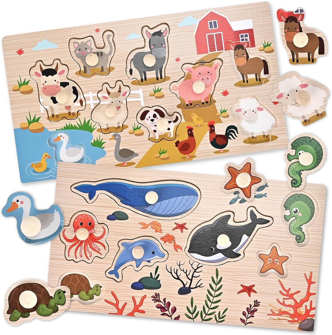 Wooden Peg Puzzles for Toddlers 1-3, 2 Pcs Montessori Puzzles, Animal & Sea Themes Puzzles, Great Preschool Educational Learning Gifts for Girls and Boys