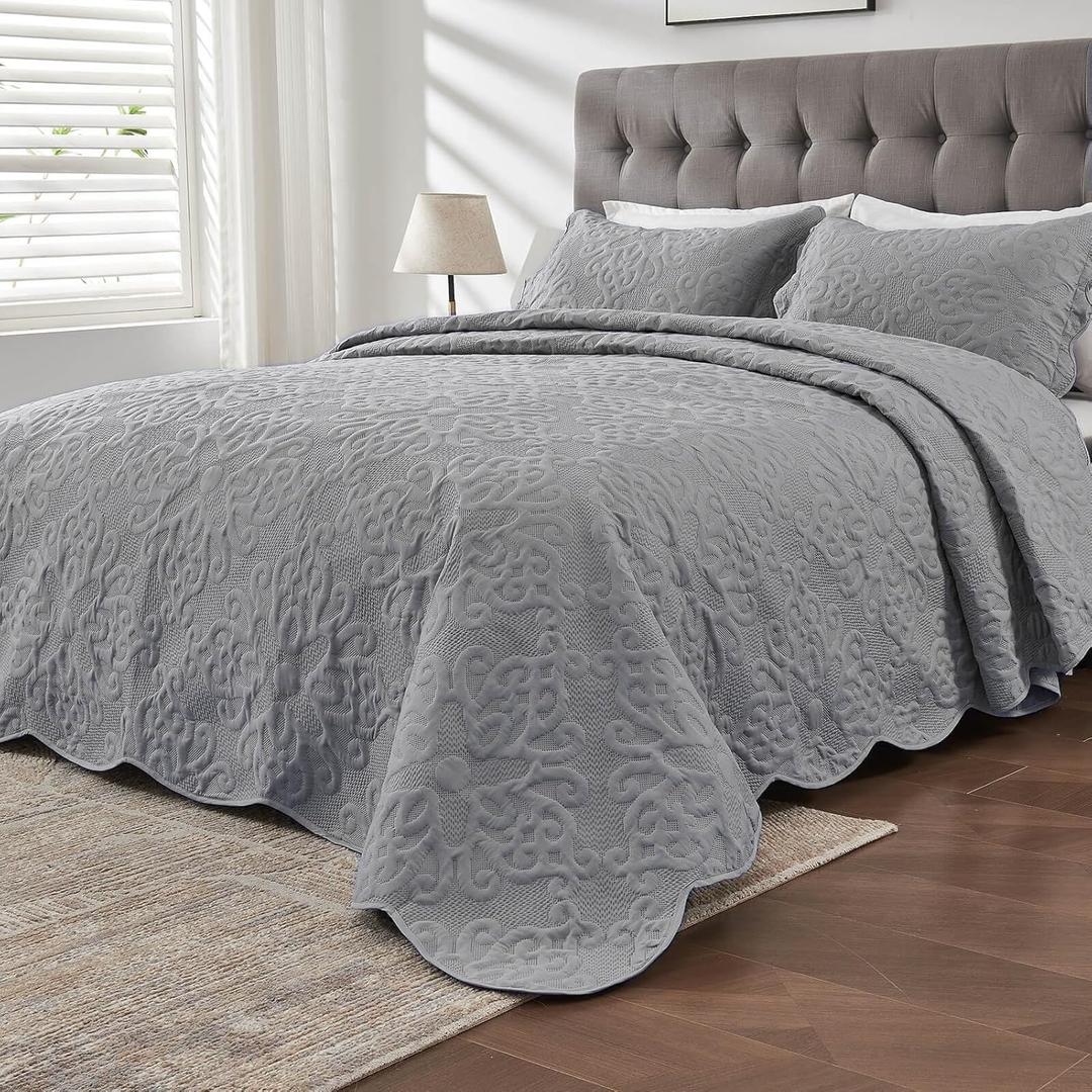 Oversized King Bedspreads 128x120 Extra Wide Quilt for Tall King California King Bed Lightweight 3 Piece Quilted Coverlet Pillow Shams Set Gray