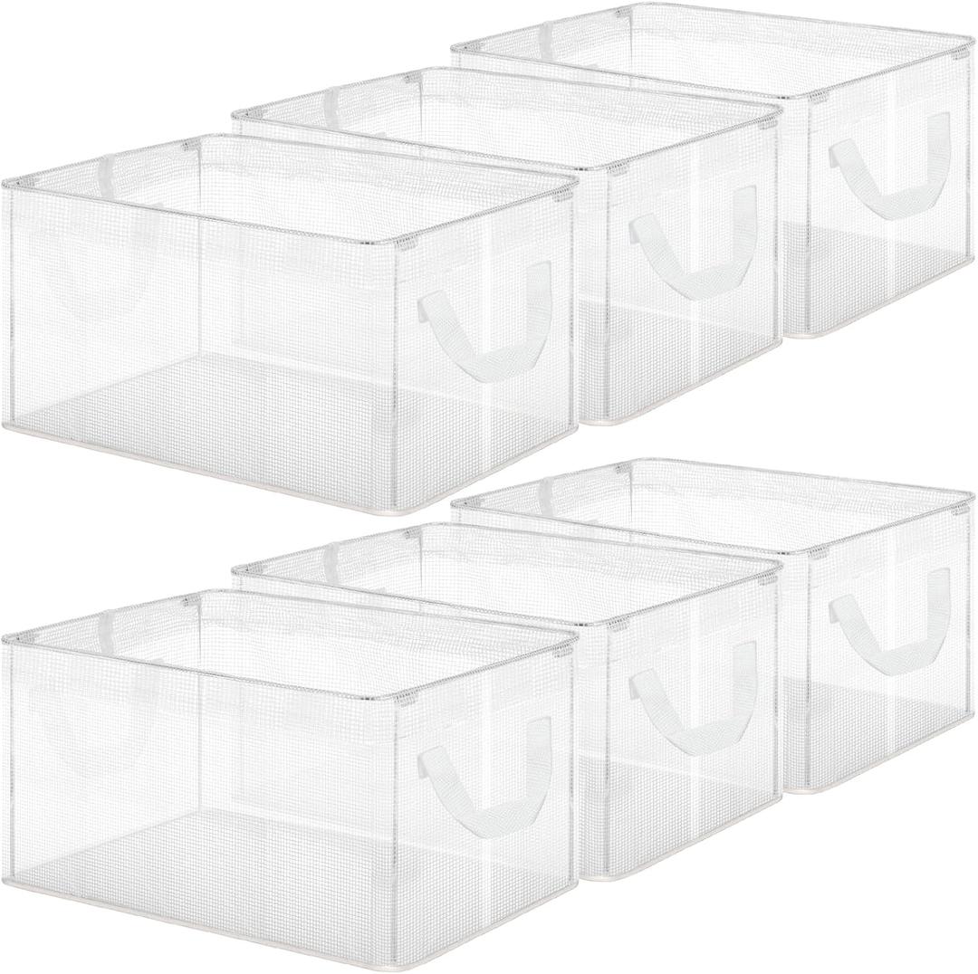 6 Pack Storage Baskets for Shelves, Closet Storage Bins Shelves Decorative Collapsible Baskets with Handles Clear Plastic Closet Organizers for Organizing Shelves Wardrobe Office Clothing Books