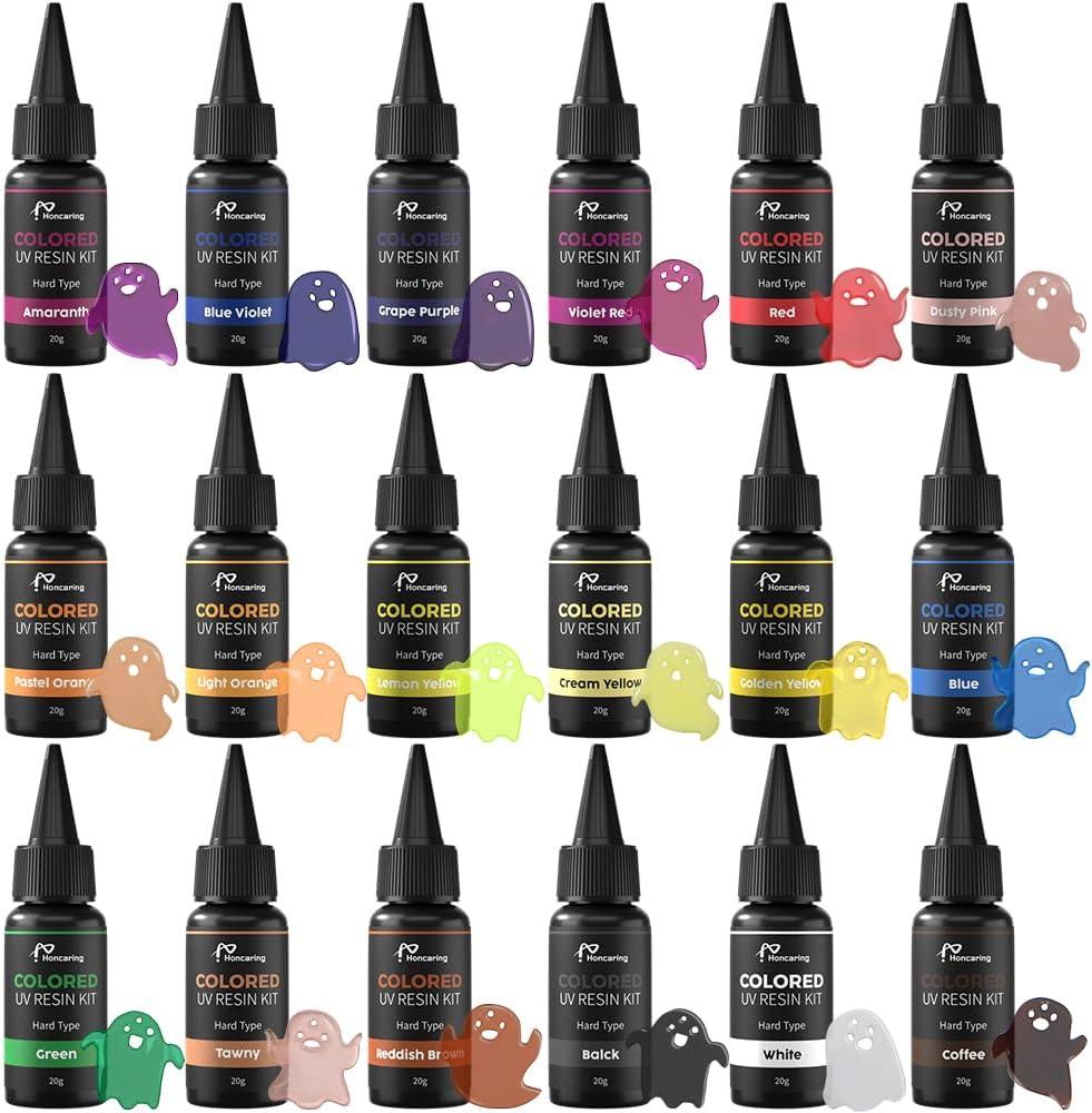 Honcaring UV Resin, 18 Colors UV Curing Hard Type Resin Clear, Fast Curing Odorless & Colored UV Resin Kit for Jewelry Making, Crafts, DIY(20g/0.68oz Each)