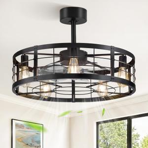 LEDIARY 26 inch Fandelier Caged Ceiling Fan with Light, Bladeless Ceiling Fan with Remote, Farmhouse Fan Lights Ceiling Fixtures for Kitchen, Bedroom, Outdoor(6 Speed, Timing)-Black