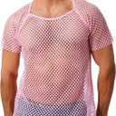 ABAFIP Men's Short Sleeve Fishnet Shirt Mesh Sheer Tank Top Muscle T-Shirt Undershirt Rave Clubwear (X-Large, Pink)