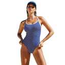 YAKISWIIM Womens Blue Striped Sexy One Piece Bathing Suits Tummy Control Scoop Neck Padded Swimsuit Crisscross Open Back High Cut Slimming Swimwear, S